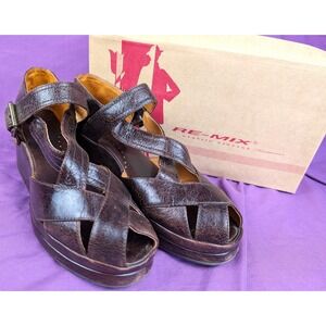 Re-mix Vintage Meadow Brown Croc Sz 9M Buckle Sandals Wedge Platform Leather